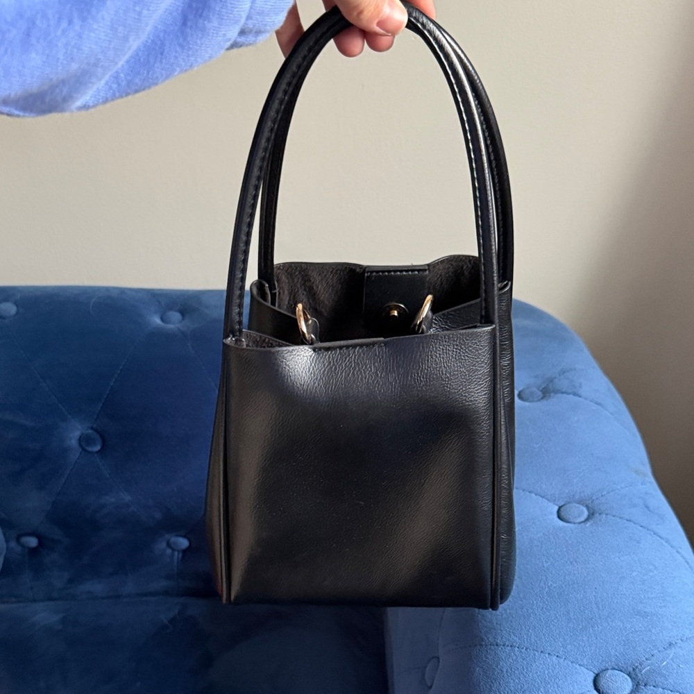 Anthropologie Black Structured Leather Tote Bag with Top Handles - Picture 3 of 3